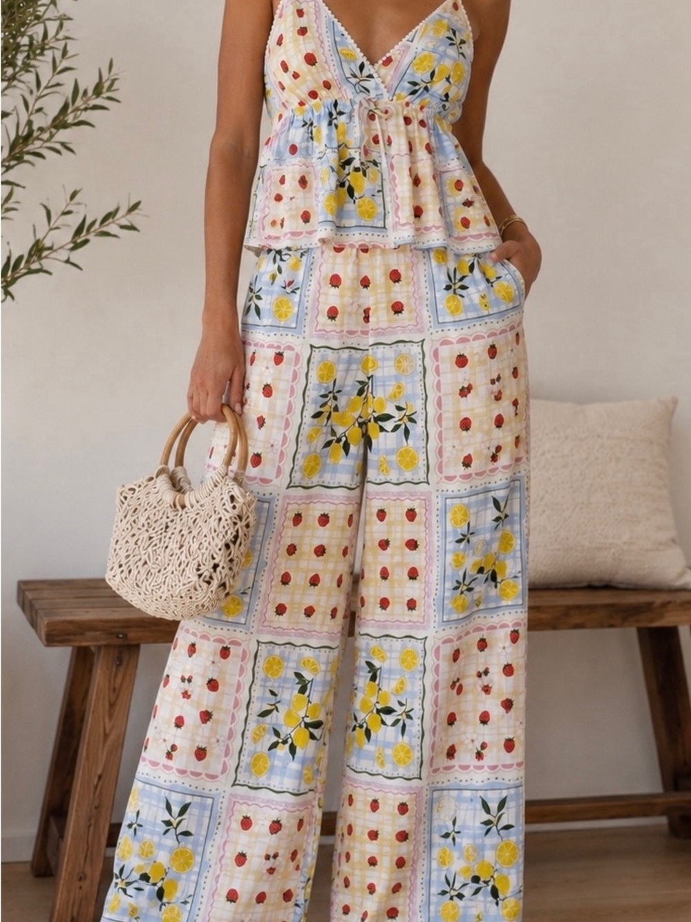 Monteau Linen Blend Lemon & Strawberry Print Crop Cami + Wide Leg Pants Set M